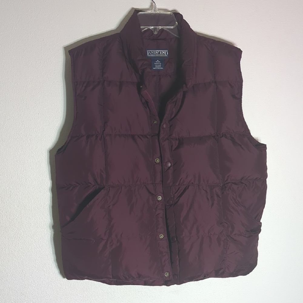 Men's Lands End Goose Down Puffer Vest  Women's Unisex Maroon Wine Winter Medium